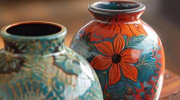 zwei Vasen mit komplementär Designs einer mit zart Blumen- Muster und das andere mit ein Fett gedruckt abstrakt Motiv Darstellen das Vielseitigkeit von Benutzerdefiniert Keramik Vasen. foto