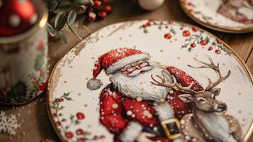 ein einstellen von Keramik Untersetzer mit wunderlich Abbildungen von Santa und seine Rentier ein charmant Zusatz zu irgendein Urlaub Tabelle Einstellung. foto