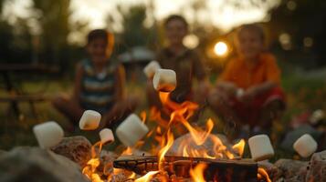 ein Gruppe von Kinder eifrig warten zum ihr Marshmallows zu Wende golden braun Über ein Feuer Grube foto