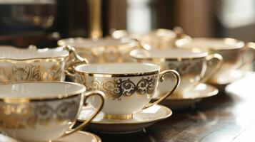 ein Anzeige von zart Porzellan Teetassen geschmückt mit elegant graviert Designs im Gold und Silber. foto