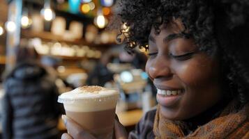 ein Kunde Verkostung ein Stichprobe von ein Koffeinfrei Latté und suchen angenehm überrascht und beeindruckt foto