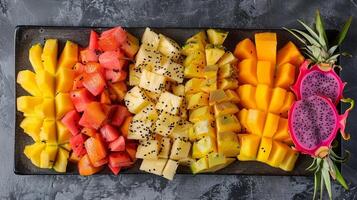 ein tropisch Obst Teller mit ein Vielfalt von saftig Früchte mögen Ananas Papaya und Drachenfrucht perfekt zum Teilen foto