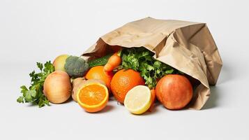 ai generiert beschwingt Auswahl von frisch Früchte und Gemüse verschütten von braun Papier Tasche auf neutral Hintergrund foto