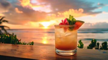 ai generiert tropisch Strand Cocktail beim Sonnenuntergang mit exotisch Obst Garnierung foto