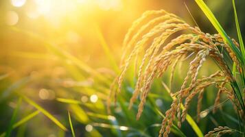 beleuchtet Reis Stiele beim Sonnenuntergang im grün landwirtschaftlich Feld foto