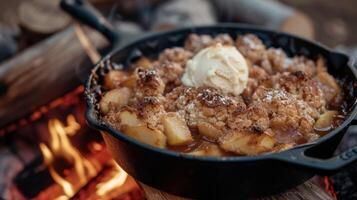 ein ikonisch Lagerfeuer Dessert diese Niederländisch Ofen Apfel Cobbler ist ein müssen versuchen auf Ihre Nächster draussen Abenteuer. saftig Äpfel gekocht zu Perfektion eingebettet unter ein Schicht von flockig Vergangenheit foto