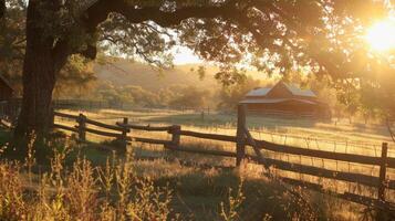 das Ranch langsam wacht auf oben unter das warm Umarmung von das Morgen Sonne ein Oase zum beide Menschen und Tiere wie foto