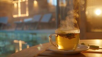 das Dampf von das Sauna Mischungen einwandfrei mit das Dampf von ein Tasse von Kräuter- Tee wie ein Person entfaltet sich und Hydrate nach ein lange Tag. foto