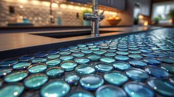 ein Nahansicht Aussicht von ein Küche Backsplash gemacht von schimmernd Glas Fliesen im variieren Schatten von Grün und Blau Hinzufügen ein Pop von Farbe und funkeln zu das Raum foto