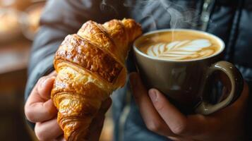 ein Person halten ein warm Croissant im einer Hand und ein dämpfen Tasse von Kaffee im das andere bereit zu hingeben im ein Morgen behandeln foto