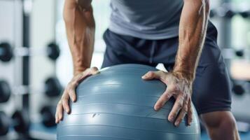 wie das Routine geht weiter das Mann greift ein Stabilität Ball zum ein einstellen von zurück und Bauch Übungen Hinzufügen ein Neu Herausforderung zu seine trainieren foto