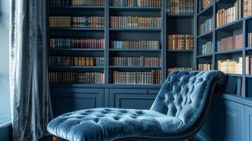 ein anspruchsvoll Zuhause Büro mit ein Aussage machen Bücherregal gefüllt mit Bücher im verschiedene Schatten von Blau und ein Samt Chaise Salon zum Momente von Entspannung foto