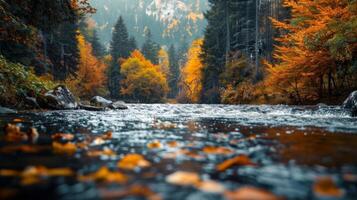 ein Ruhe Fluss umgeben durch herbstlich Farben Darstellen das Veränderung von Jahreszeiten und das Beginn von traurig. foto