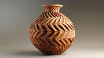 ein Spulengebaut Vase mit kompliziert geometrisch Designs erstellt durch Stapeln und Glätten lange dünn Stränge von Ton. foto