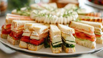 ein Nahansicht von ein Teller von zart Finger Sandwiches mundgerecht und Sprengung mit Gourmet Aromen perfekt zum Paarung mit nicht alkoholisch Getränke foto