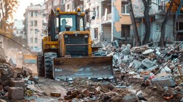 ein Bulldozer Clearing Trümmer und Schutt von das Arbeit Seite? ˅ Erstellen ein Pfad zum das Arbeitskräfte und Maschinen foto