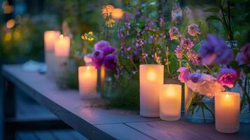das Dach Garten wird gefüllt mit das sanft glühen von das Kerzen Erstellen ein intim und zauberhaft Atmosphäre zum das Blumen- Klasse. 2d eben Karikatur foto