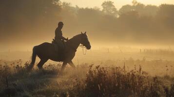 das Friedlichkeit von das früh Morgen ist gestört nur durch das mächtig schnaubt und wiehert von das Pferd wie es vervollständigt ein im Speziellen schwierig Aufgabe foto