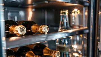 ein gut ausgestattet Kühlschrank gefüllt mit gekühlt Champagner perfekt zum Erstellen sprudelnd Cocktails zu beeindrucken Gäste beim das Zuhause Bar foto