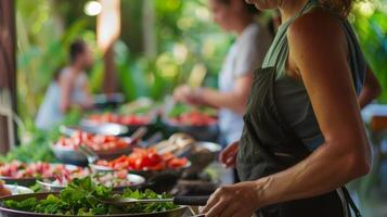 das tropisch Kochen Klasse bringt zusammen Menschen von alle Spaziergänge von Leben vereinigt durch ihr Liebe zum Reise und Essen foto