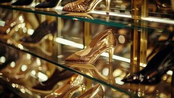 Reihen von elegant hochhackig Schuhe sind angezeigt auf Glas Regale jeder einer leuchtenden unter das hell Scheinwerfer foto