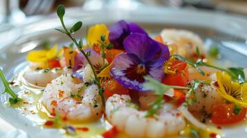 ein zart Ceviche Gericht gekrönt mit essbar Stiefmütterchen Bereitstellung ein subtil Blumen- Hinweis zu das scharf Meeresfrüchte foto