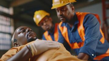 einer Arbeiter Verwendet ein cpr Dummy während Ein weiterer Arbeiter steht hinter führen und korrigieren ihr Technik während zuerst Hilfe Ausbildung foto