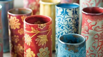 ein Sammlung von Keramik Vasen dekoriert mit ein Mischung von schabloniert Designs und Decoupage Erstellen ein collageartig Wirkung. foto