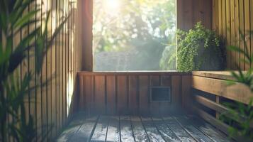 ein beruhigend Wiedergabeliste von Natur Geräusche spielen im das Hintergrund von ein Sauna Portion zu reduzieren Stress und im Wende positiv Auswirkungen Verdauung. foto