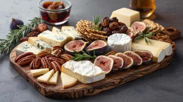 ein Käse Tafel Sprengung mit Geschmack und Textur präsentieren ein Sortiment von schwer und Sanft Käse mögen alt Gouda cremig Brie und erdig Ziege Käse ergänzt durch ein Medley von Datum foto