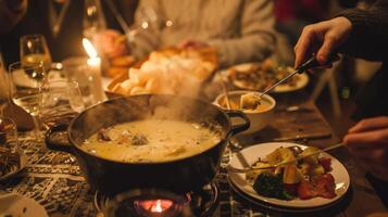 das Party geht weiter Gut in das Nacht das Fondue Topf ständig Sein aufgefüllt wie jedermann genießt das köstlich und wohltuend Mahlzeit im jeder Andere Unternehmen. 2d eben Karikatur foto