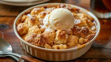 ein warm klebrig Apfel Cobbler gekrönt mit ein Scoop von Vanille Eis Sahne ist das ultimativ Komfort Essen zum irgendein Cowboy oder Cowgirl foto