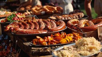 ein lange Tabelle ist einstellen oben mit ein Array von traditionell Deutsche Lebensmittel einschließlich Bratwurst Brezeln und Sauerkraut alle bereit zum hungrig Festivalbesucher zu genießen foto