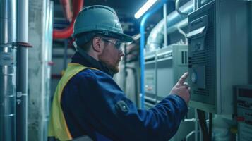 Innerhalb das Gebäude das hvac Techniker Prüfung das Luft fließen und Temperatur Steuerung von das neu Eingerichtet System foto