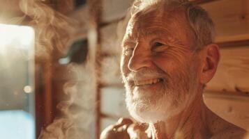 ein Person von fortgeschritten Alter Schritt aus von das Sauna mit ein Lächeln auf ihr Gesicht Gefühl erfrischt verjüngt und dankbar zum das positiv Einschlag es hat auf ihr Gesundheit. foto