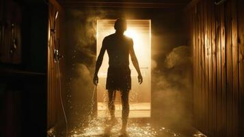 ein Person Schritt aus von das Sauna zu nehmen ein cool Dusche Signalisierung das richtig Weg zu cool Nieder Vor erneutes Betreten. foto
