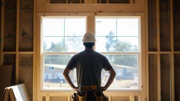 Fett gedruckt und zuversichtlich ein Allgemeines Auftragnehmer überwacht das Installation von Neu Fenster im ein Zuhause Renovierung gewährleisten Das Sie sind richtig tailliert und versiegelt zum maximal Energie foto