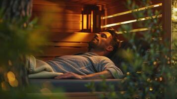 ein Mann Lügen Nieder auf ein Bank im ein draussen Infrarot Sauna Augen geschlossen und genießen das beruhigend Geräusche von Natur. foto
