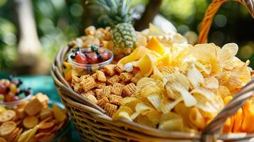 ein Picknick Korb überfüllt mit Snacks und Leckereien einschließlich Chips Dips und tropisch Weg mischen foto