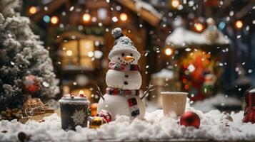 ein stilvoll Winter Party einstellen im ein gemütlich Kabine mit ein heiß Kakao Bar und ein Spiel von Schneemann Gebäude im das Hinterhof foto