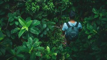 ein Antenne Aussicht von ein Mann Wandern durch ein üppig Wald auf ein personalisiert Wellness Reise zu wieder verbinden mit Natur foto