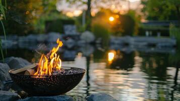 das Ruhe Oberfläche von ein in der Nähe Teich spiegelt das Wärme von das Feuer Grube Erstellen ein heiter und fast mystisch Atmosphäre. 2d eben Karikatur foto