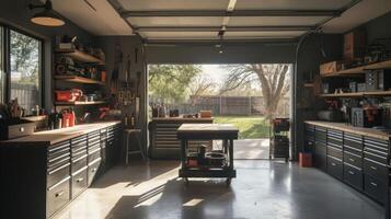 verwandeln ein ungebraucht Garage in ein Traum Werkstatt Komplett mit industriell Lager Einheiten ein Metall Arbeit Tabelle und viel von natürlich Licht foto