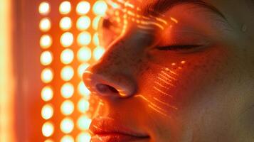 ein Nahansicht von ein Personen Haut zeigen das Leistungen von Sauna Therapie eine solche wie verbessert Verkehr glühend Teint und reduziert Entzündung. foto