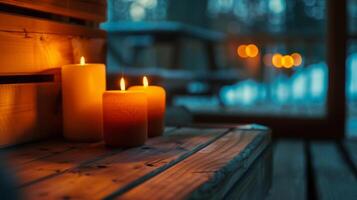 das Sanft glühen von Kerzen und das Klang von Natur spielen im das Hintergrund Erstellen ein beruhigend Ambiente im das Sauna Zimmer. foto