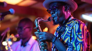 das Abend kommt zu ein schließen mit ein lebhaft Jazz Verschmelzung Performance das Luft gefüllt mit das energisch Stimmung von das Musik- und das Süss scharf Geruch von gemischt Obst Säfte foto