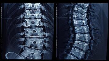 ein Vor und nach Vergleich Foto von ein Patienten Wirbelsäule Röntgenbilder Hervorheben das Verbesserung und Ausrichtung nach einarbeiten beide Chiropraktik Pflege und Infrarot Sauna Sitzungen im ihr