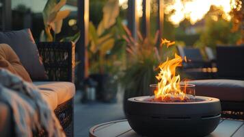 das einladend und gemütlich Atmosphäre von ein umweltfreundlich Bioethanol Kamin macht es das perfekt Zusatz zu irgendein draussen Terrasse oder Terrasse. 2d eben Karikatur foto