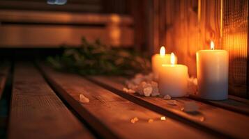 ein friedlich Kerzenlicht Infrarot Sauna Session perfekt zum Jungvermählten zu entspannen und verjüngen nach das Aufregung und Stress von ihr Hochzeit Tag. foto