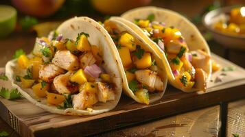 beschwingt Fisch Tacos mit ein tropisch berühren gemacht mit gewürzt Mahi Mahi und ein Mango Habanero Salsa foto